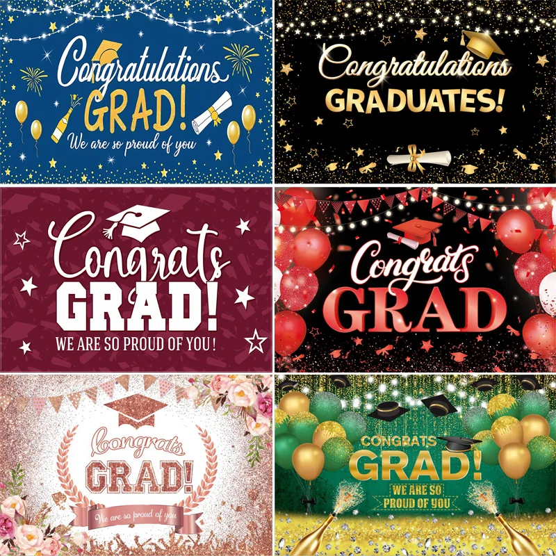 

Black Gold Graduation Background Grad Ceremony Party Decorations Bachelor Hat Glitter Balloons Class Photography Backdrops JM-02