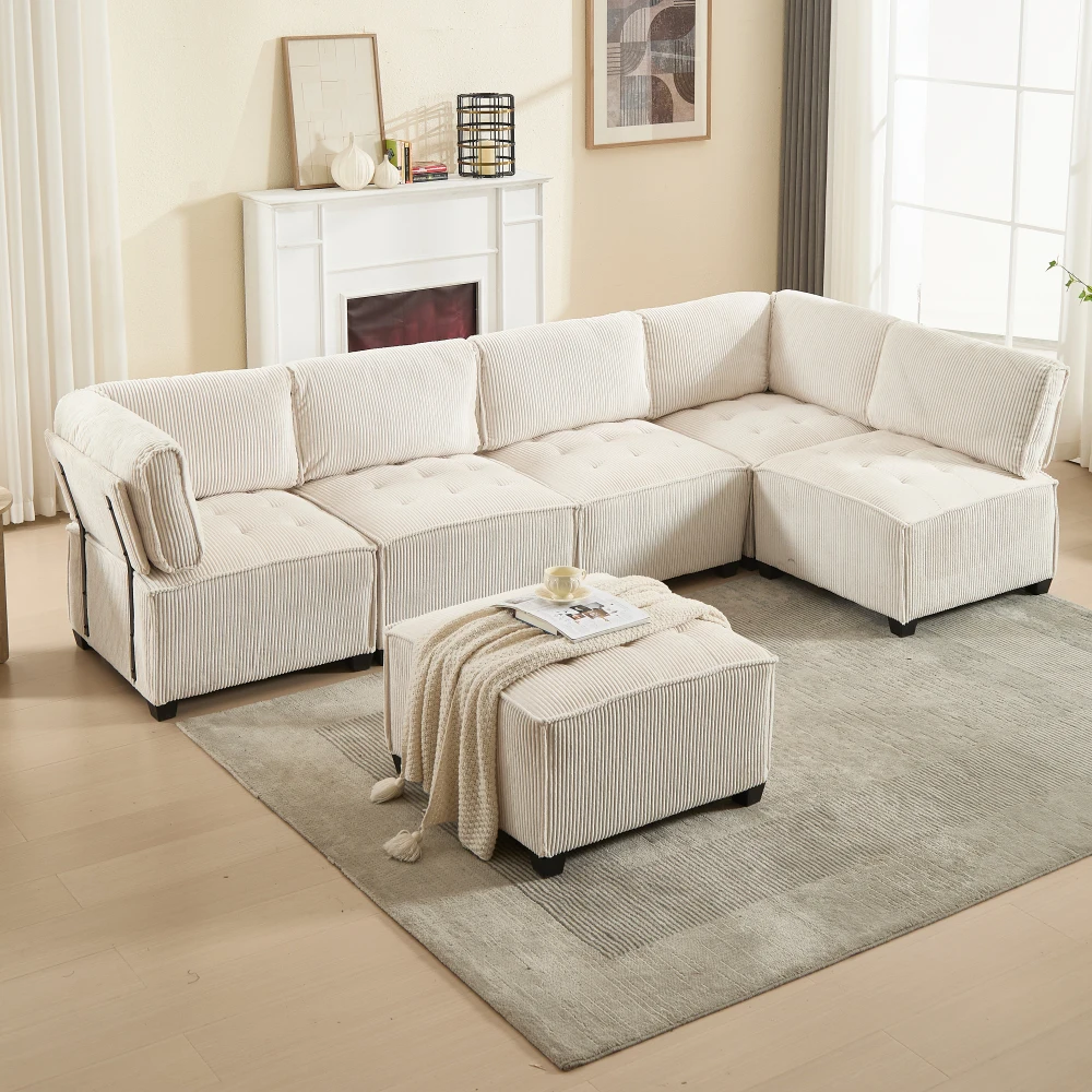 Sofa Modulares 6-Sitzer-Sofa, Kordelstoff, ergonomisch, Aufbewahrungstaschen, flexibel kombiniert als U-Form/L-Form/Sofabett – Detail 8
