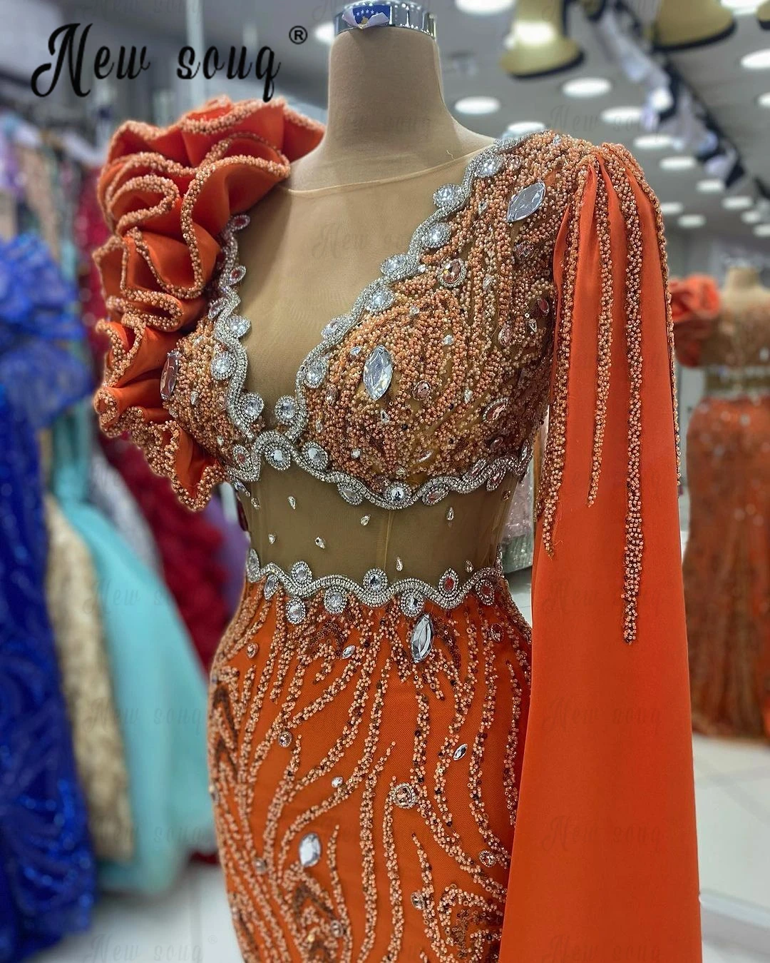 Elegant One Shoulder Ruffles Orange Prom Dresses Long Cape Sleeve Arabic Formal Occasion Dresses 2024 HOT Mermaid Beading Dress