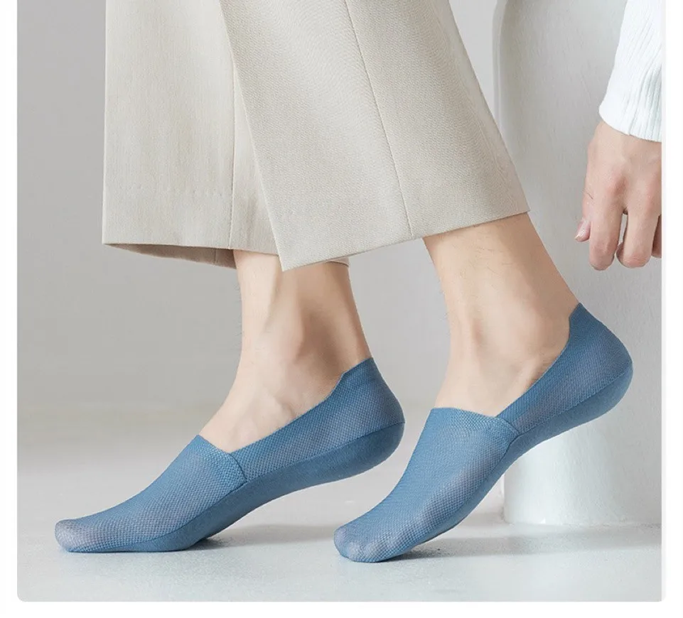 Man Breathable Invisible No Show Male Ice Silk Ankle Sock Slippers Summer Hollow Out Mesh Thin Anti-slip Low Cut Boat Socks