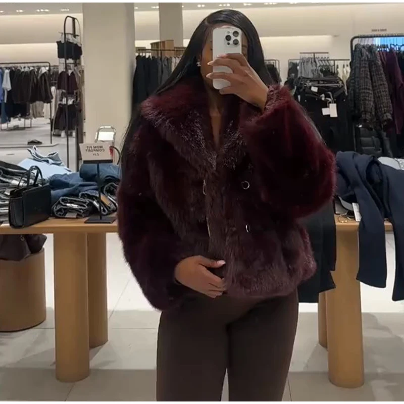 Elegant PU Fur Patchwork Jacket Women Loose Detachable Collar Lapel Double Breasted Jackets Female Fashion Winter Warm Outwear