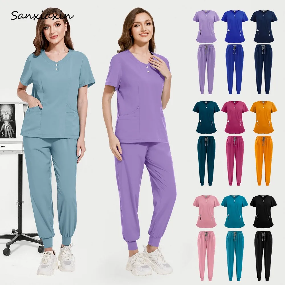 

Multicolor Jogger Suit Nurse Scrub Set Clinical Clothes Medical Doctor Nursing Uniform Short Sleeve V-neck Tops Pocket Pants Set