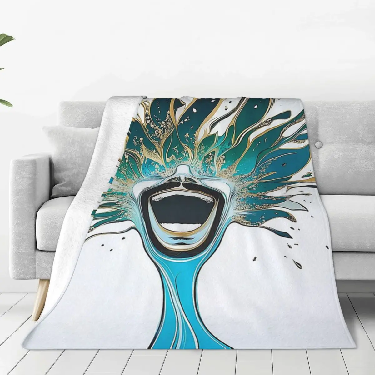 Surreal Laughing Man With Turquoise And Gold Fluid Blanket Flannel Sofa Throw Blankets For Home Bedroom Throws Bedspread Quilt