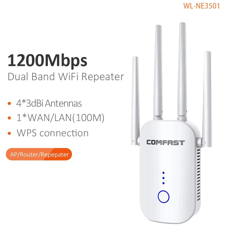 WONLINK 1200 Mbit/s WLAN-Repeater, kabelloser WLAN-Range-Extender, Dualband-Repeater, 2,4/5 GHz, 4 Antennen, Schwarz, Weiß