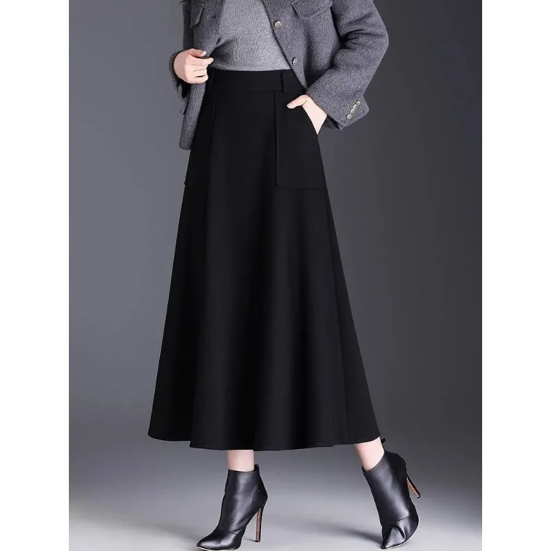 Outono inverno de lã bolso saia de comprimento médio a linha saia feminina nova cintura alta emagrecimento grande bainha saia casual