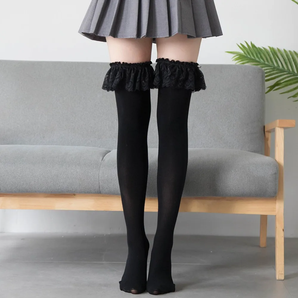 New Women's Thigh High Socks Lace Vintage Stockings Velvet Lolita Fashion Over Knee Stockings for Ladies & Girls 2 Colors