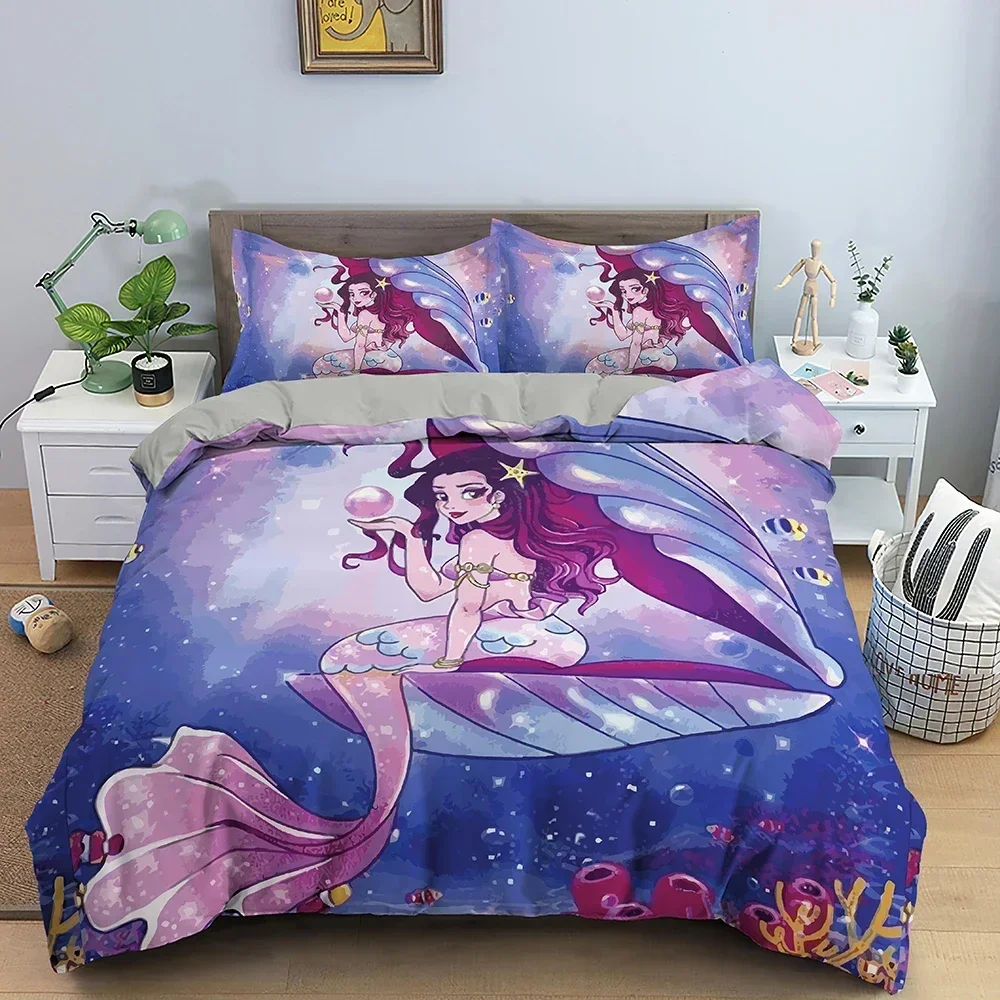

Cartoon Mermaid Pattern Comfortable Duvet Quilt Cover Pillowcase Bedding Set Children Bedroom Decoration Home Textile
