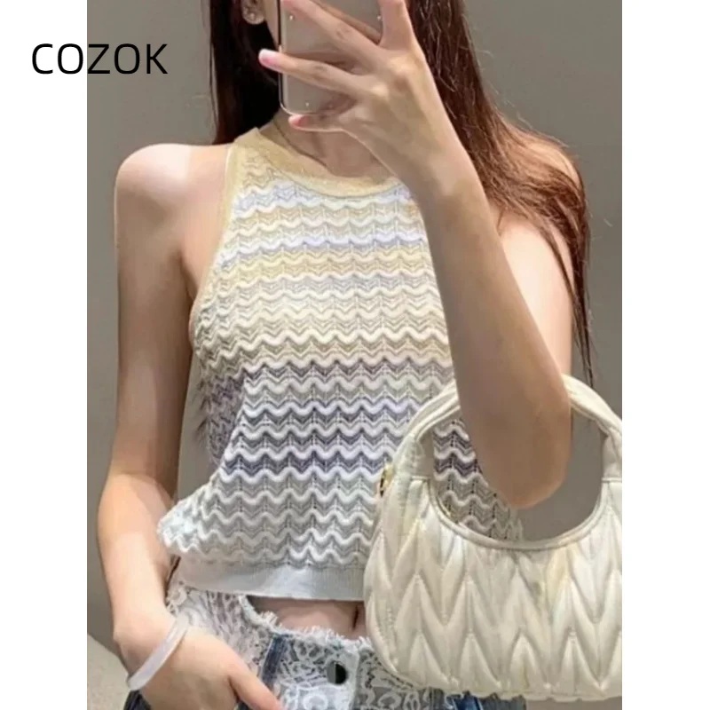 

2024 Summer New Women's Slim Fit Striped Hanging Neck Knitted Tank Top