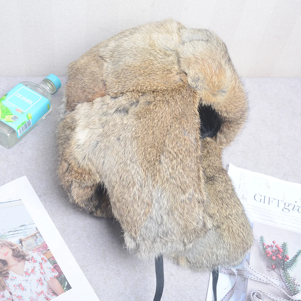 

Fashion Thick Warm Bomber Hat Men Real Rabbit Fur Earflap Trapper Russian Cap Male Plus Size Winter Hats for Men Ski Russian Hat