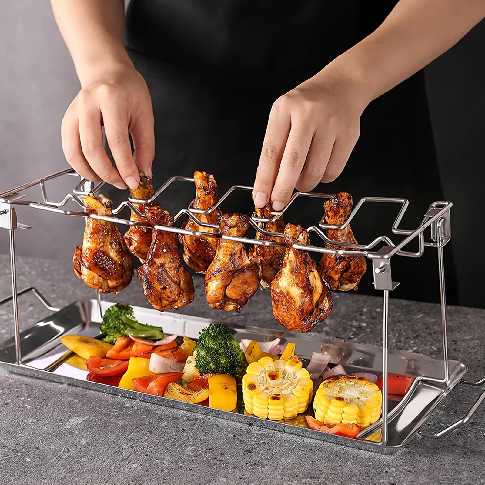 

Gill Rack Foldable Grilled Chicken Leg Bbq Accessories Stand Silver Stainless Steel Dad