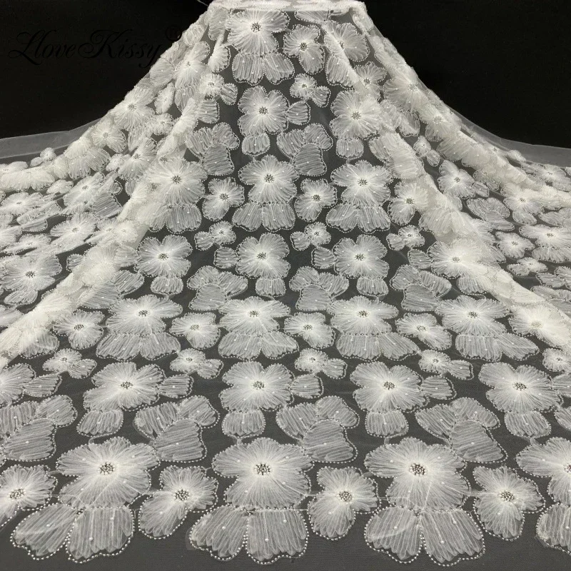 Spot Wholesale Hot Selling 3D Flower Bead Mesh Embroidery Lace Fabric DIY Party Wedding Dress Bead Lace Fabric Width 120CM