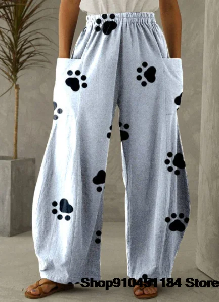 Women Elastic Waist Retro Lantern Dog Paw Print Pants Oversized Girls Pants European American Style Pant Loose Long Trousers