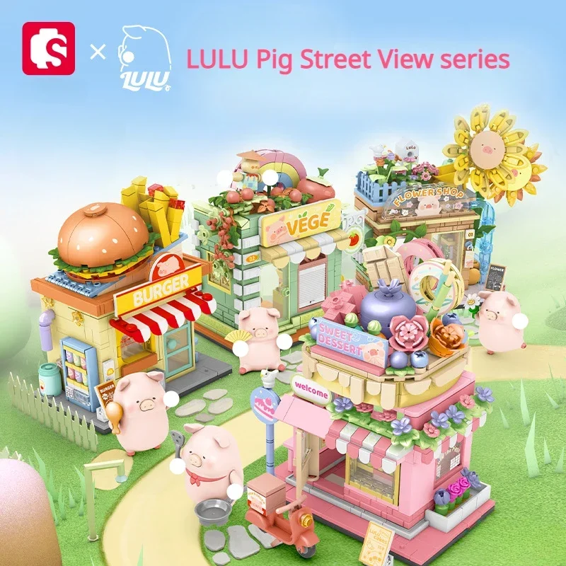 

SEMBO BLOCK Street View Series LULU Pig Cute Model Vegetables Burger Book Shop Florist Birthday Gift Children's Toys Decoration