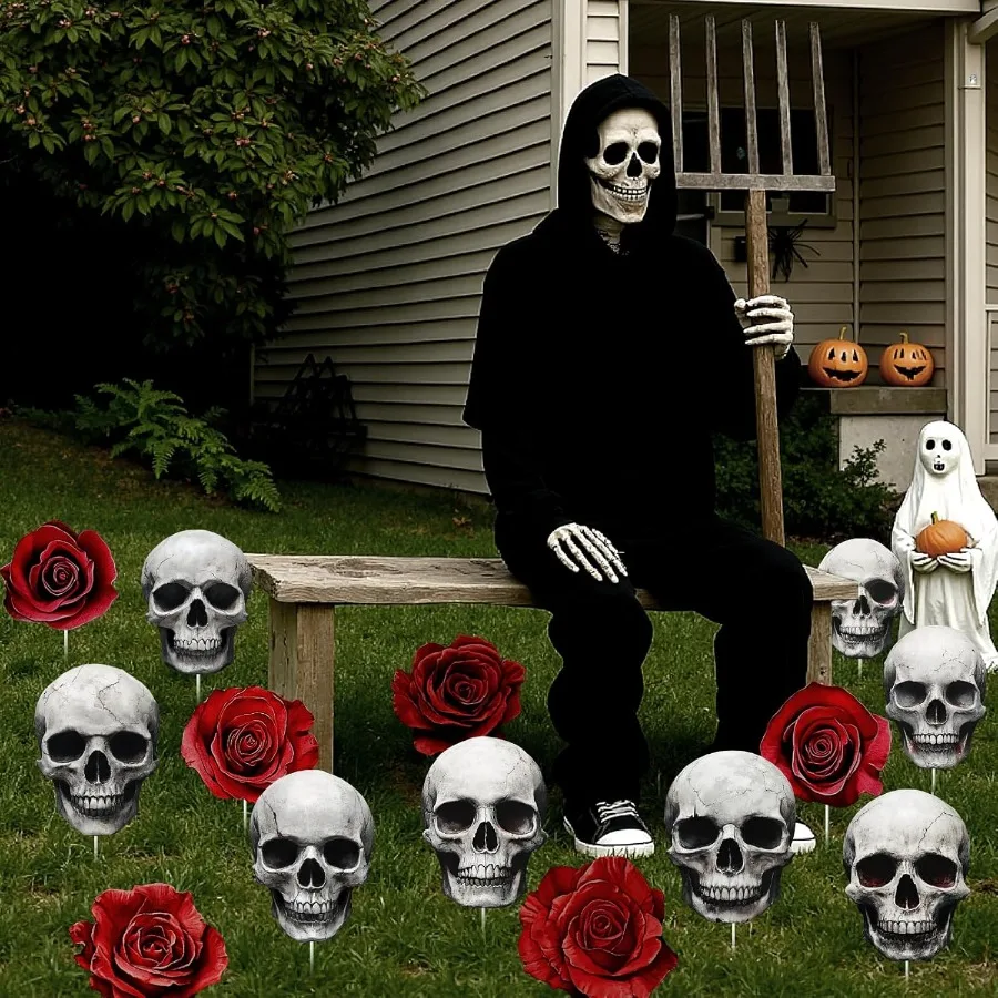 تايون الهالوين في الأماكن المغلقة: 14 قطعة جمجمة مخيفة كبيرة شجرة ورد حمراء داكنة يختار مخيف واقعي هيكل عظمي للهالوين زينة زهور لـ