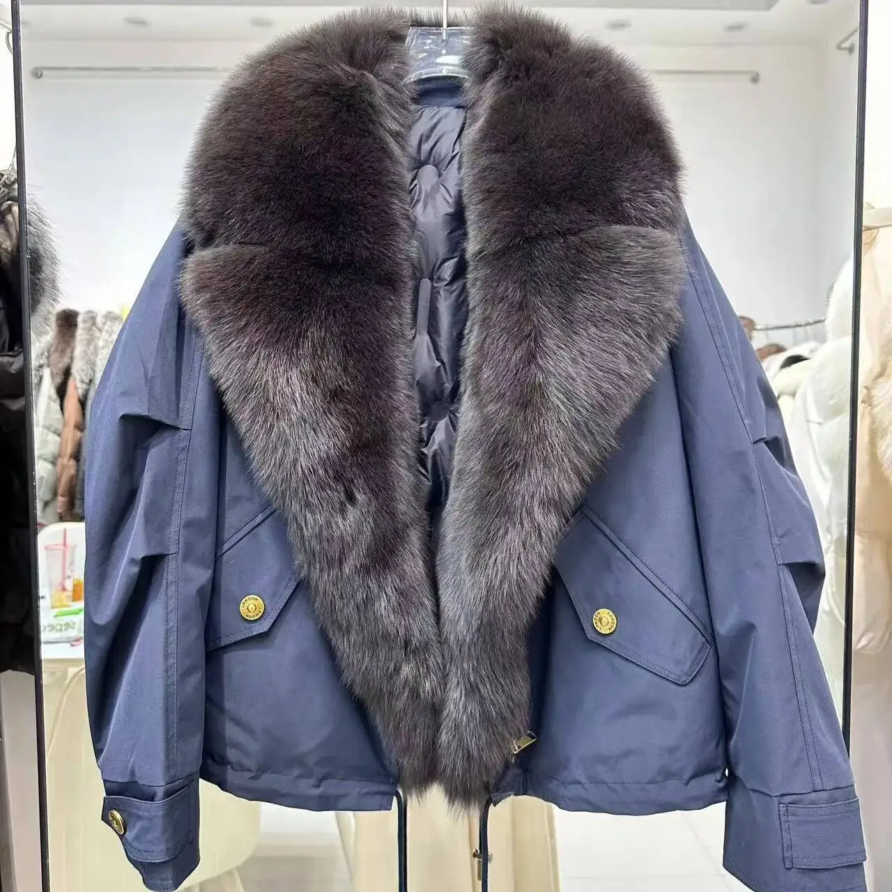 

Detachable Fox Collar Thickened Down Inner Cool Parka Women's Casual Fur Coat Short Length Long Sleeve Zipper