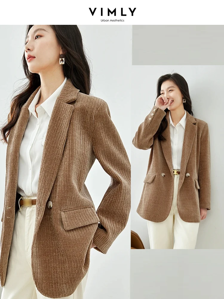 

VIMLY вельветовый пиджак цвета хаки, женский пиджак, осень-зима 2022, женская верхняя одежда, элегантное прямое пальто с длинными рукавами и зубцами M2889