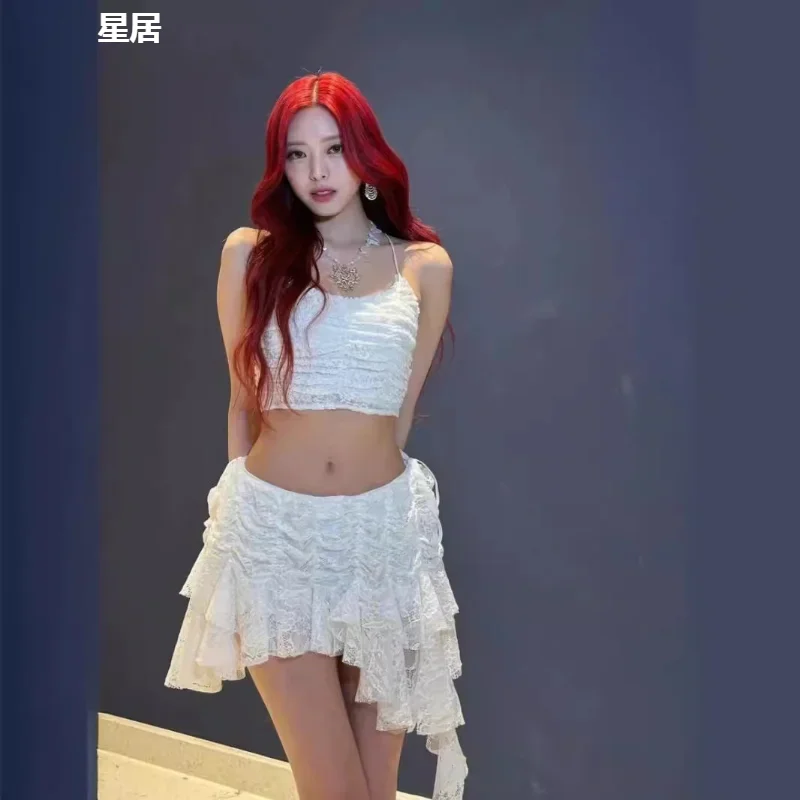 

Women Group Jazz Dance Costume White Lace Sling Tops Kpop Irregular Skirt Outfits Hip Hop Clothing Nightclub Party Dancer Wear