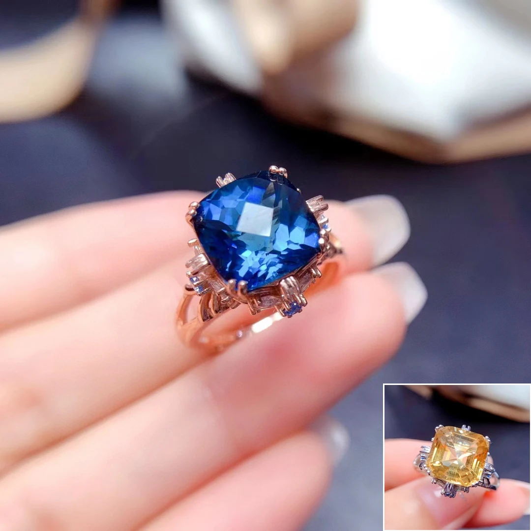 MeiBaPJ 10*10mm Natural London Blue Topaz/Citrine Fashion Ring for Women Real 925 Sterling Silver Fine Wedding Jewelry