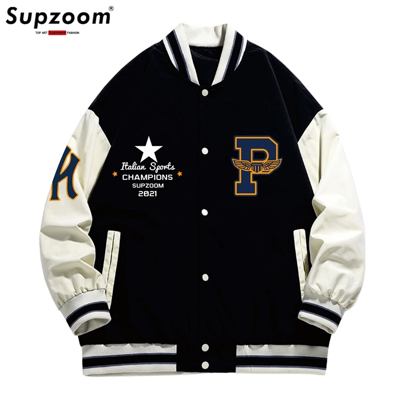 Supzoom-Chaqueta de béisbol con manga de canalé para mujer, cárdigan holgado con estampado de letras y Logo, informal, de un solo pecho, novedad de