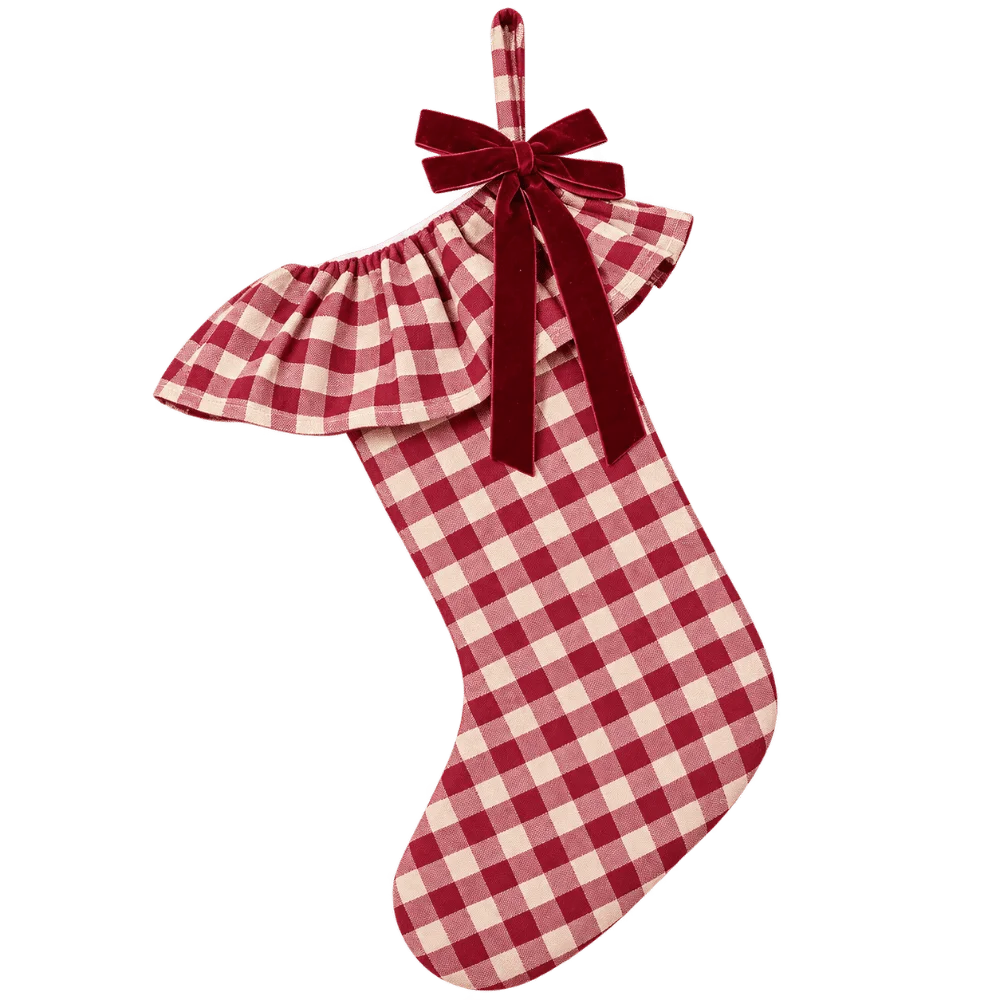 Christmas Stocking Hanging - Karierte Weihnachtsstrumpf mit Farbblock-Design, Samt-Schleife, Weihnachts-Süßigkeitentasche,