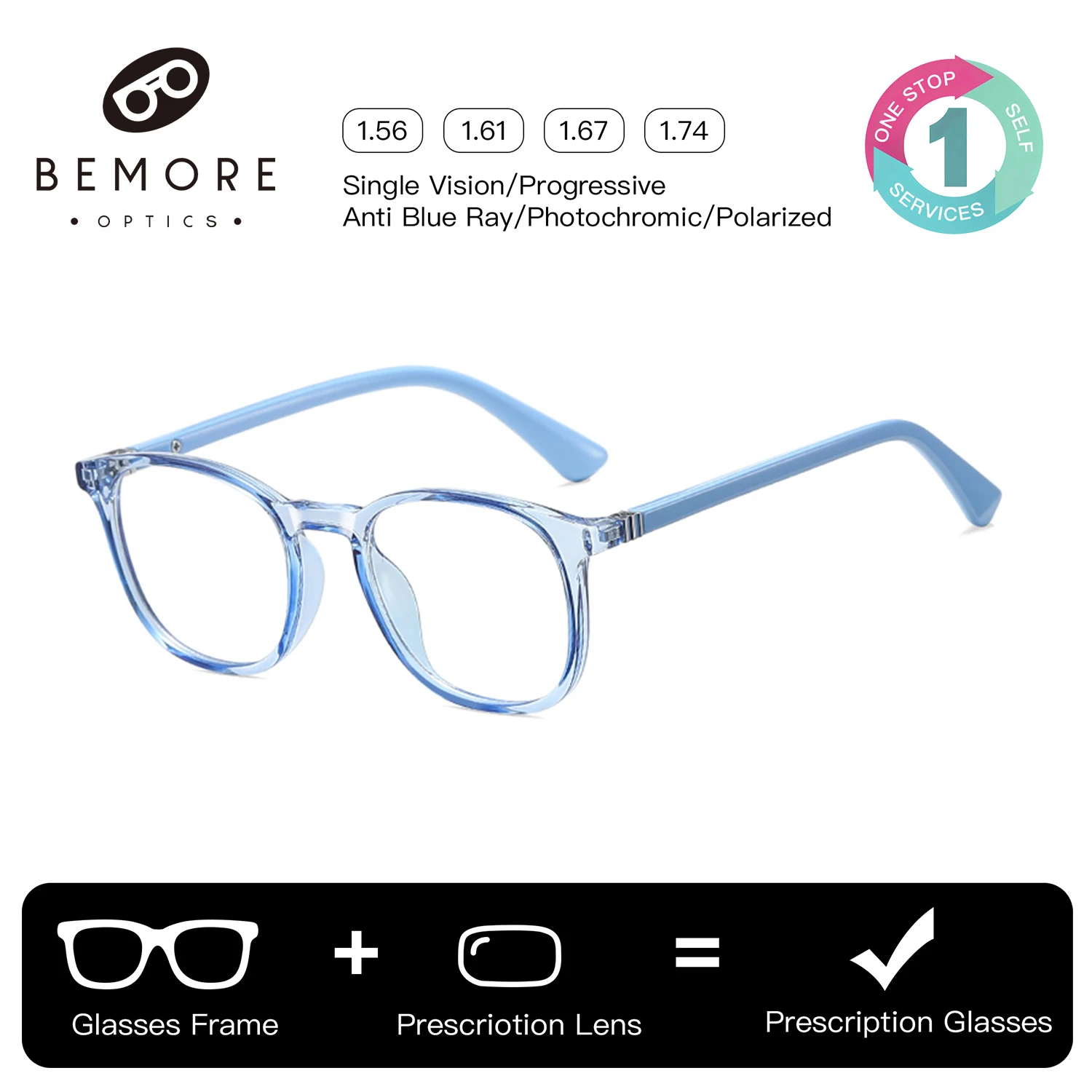

BEMORE Round Acetate Prescription Glasses Boys Photochromic Anti Blue Light Optical Children Myopia Eyeglasses
