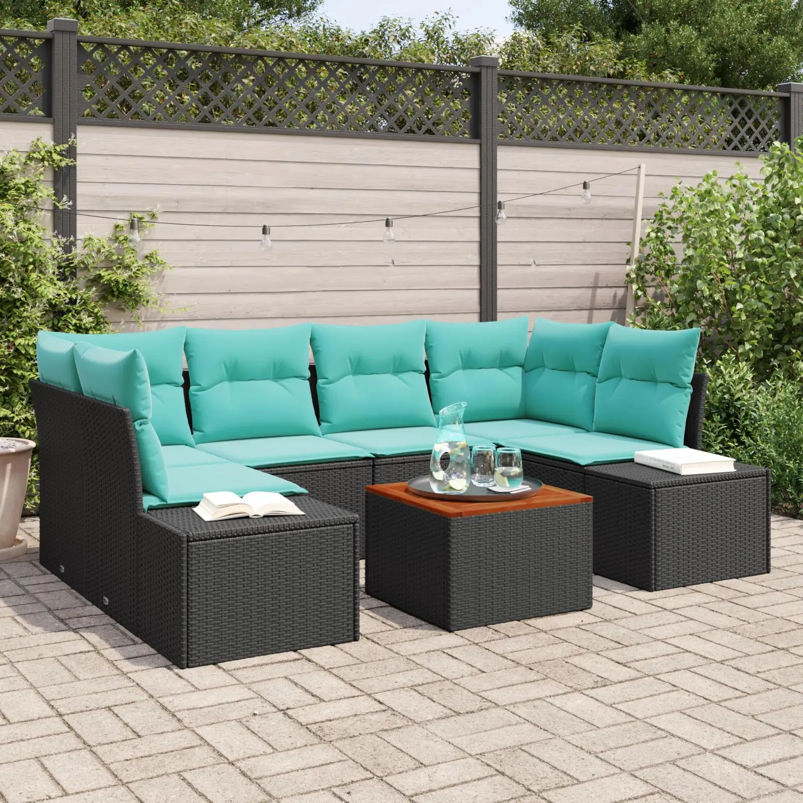

7 Piece Outdoor Sofa Set Cushioned Poly Rattan Acacia Furniture Black Garden Patio Seating
