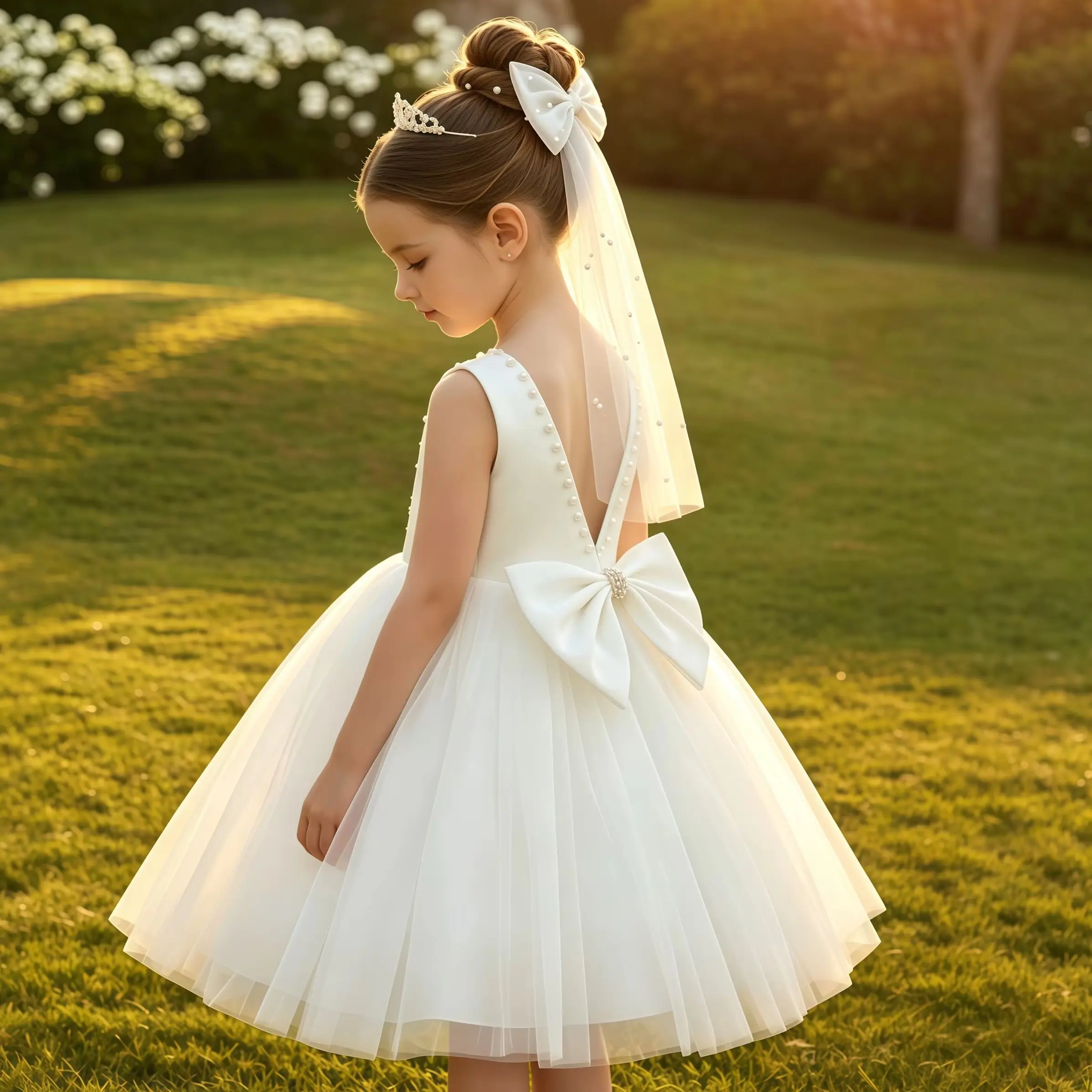 Elegant Flower Kids White Mesh Backless Bowknot Dress For Young Girls Birthday Party First Communion Wedding Graduation Gown