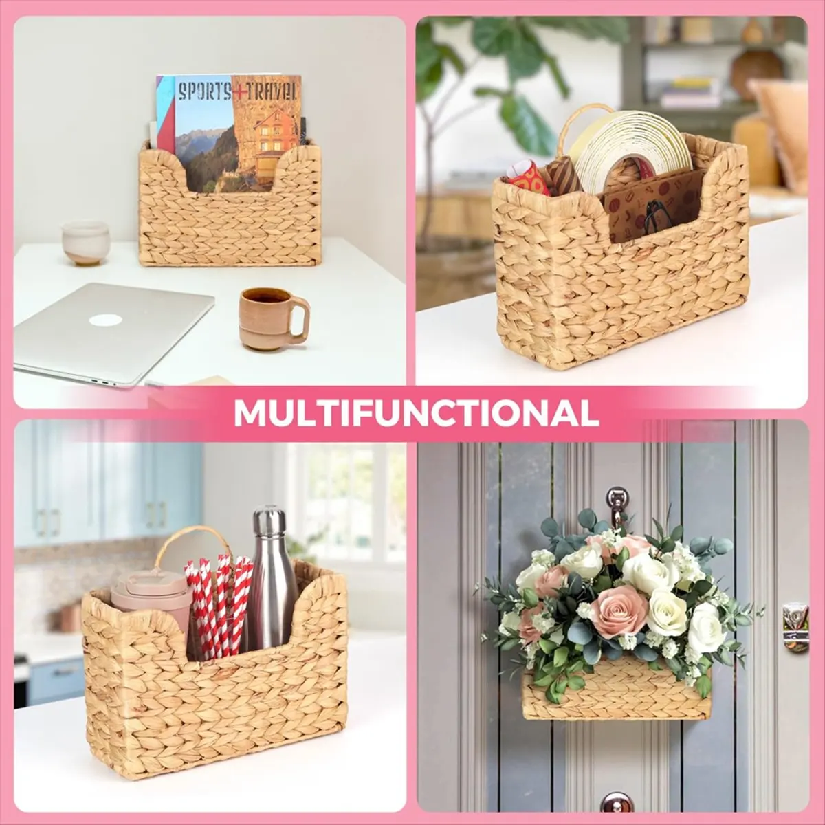[N88R] Handwoven Water Hyacinth Wall Magazine Holder - Hanging Organizer for Mail, Newspapers & Magazines, Boho Storage Basket