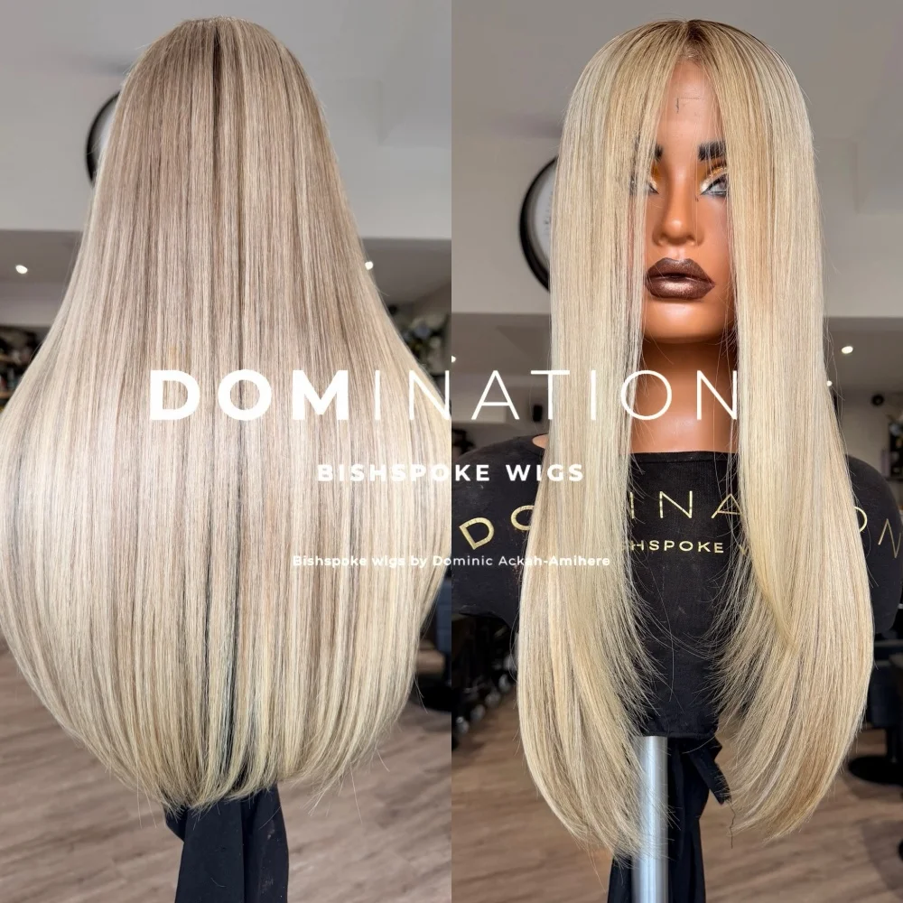 Ash Blonde Colored Balayage Lace Front Wigs For Women 13x4 Transparent Lace Synthetic Blend Human Hair Wigs Rooted Straight Wigs