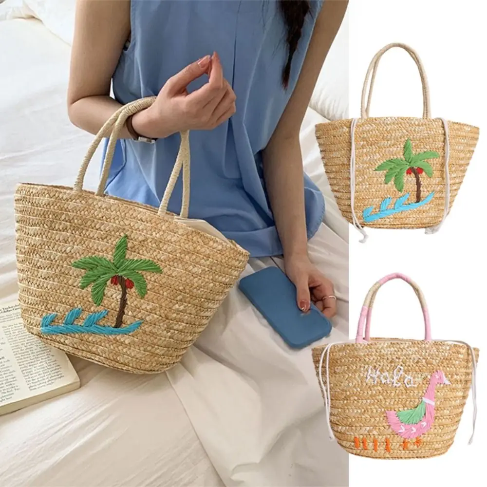 

Large Capacity Coconut Tree Embroidery Straw Bag Embroidered Duck Grass Weave Tote Bag Simple Fashion Summer Beach Bag Outdoor