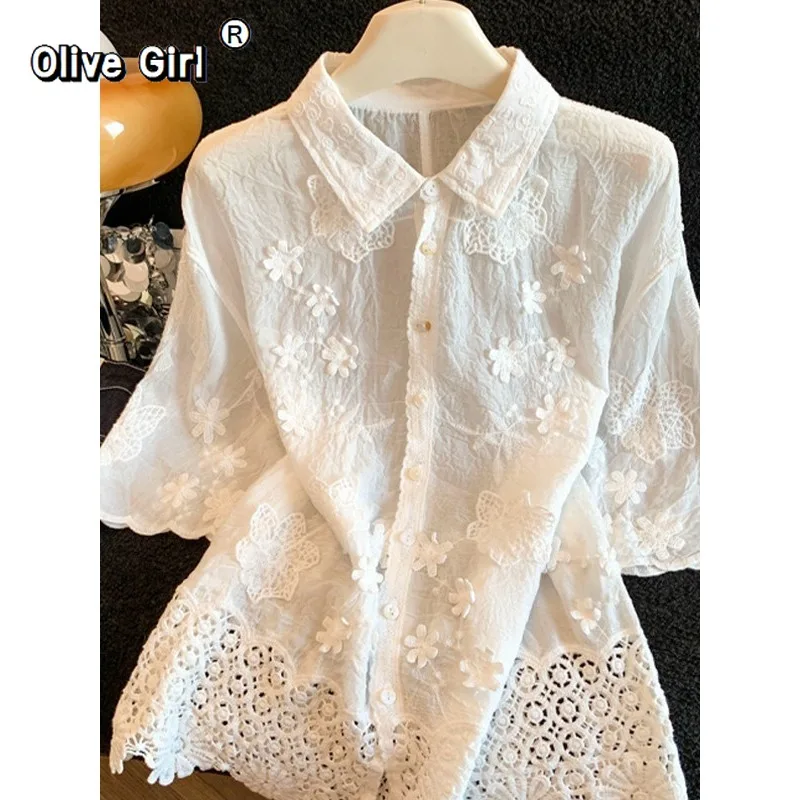 

Olivegirl Embroidered Polo Collar Short Sleeve Shirt Summer Korean Style Loose Women's Top 2026 High-End Lace-Up Blouse