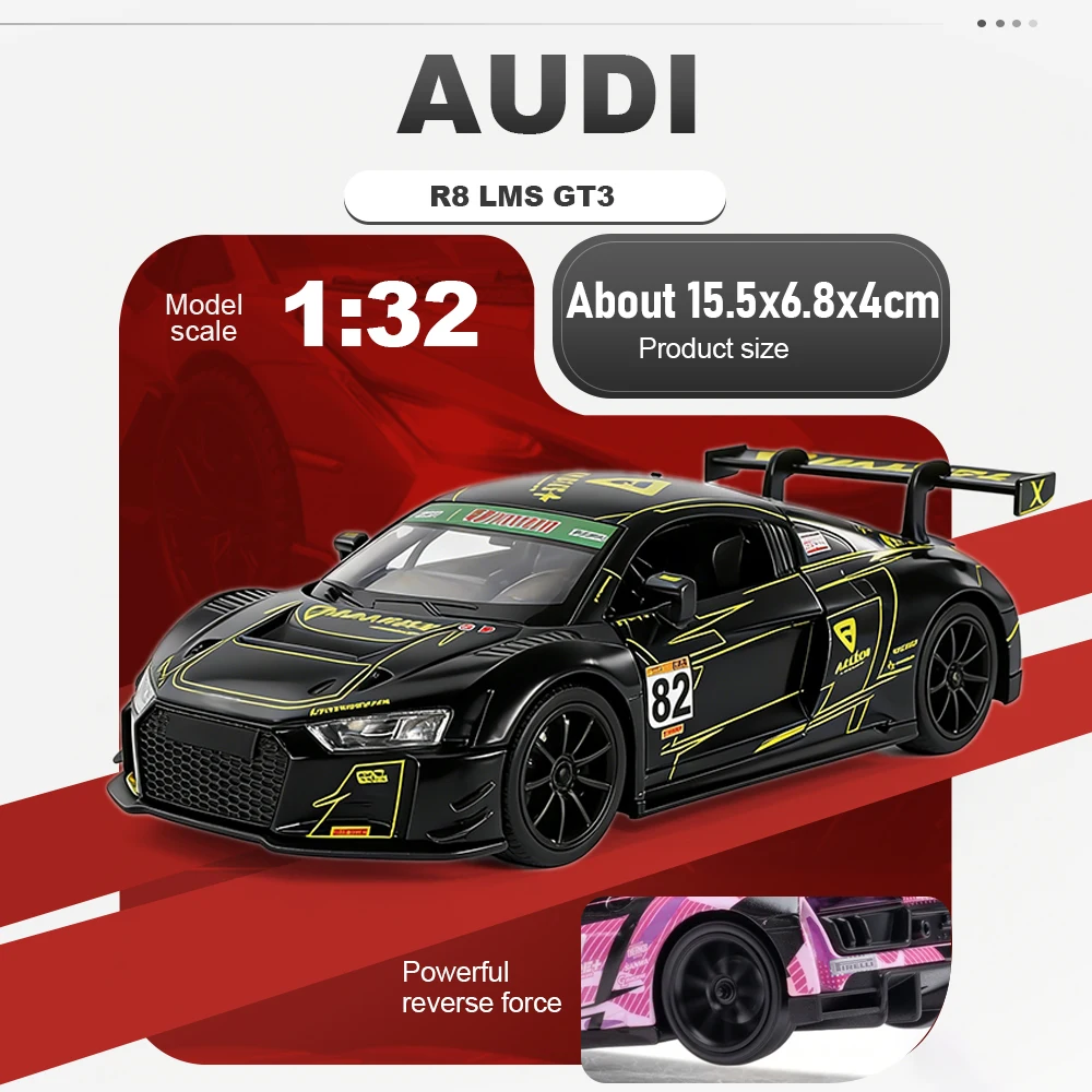 Modelo de Juguete a Escala 1:32, Audi R8 LMS GT3, Nissan GT-R NISOM, Superdeportivo de Aleación Fundida a Presión, con Sonido y Luces, Puertas Abatibles, Modelo de Auto Deportivo con Retroceso