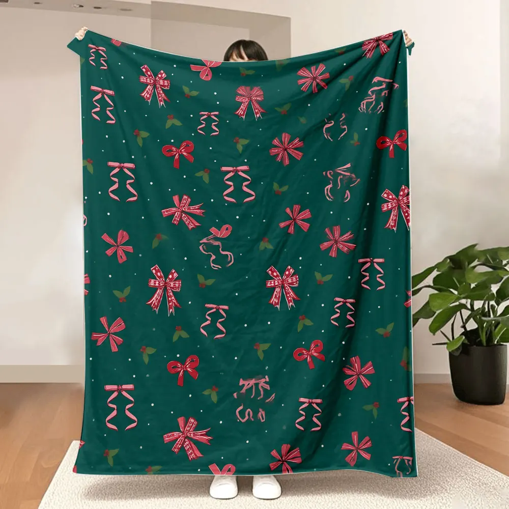 Teal Christmas Blanket - Whimsical Holiday Throw with Red/Pink Bows, Holly Leaves, and White Dots, Soft Cosy Printed Decor for F