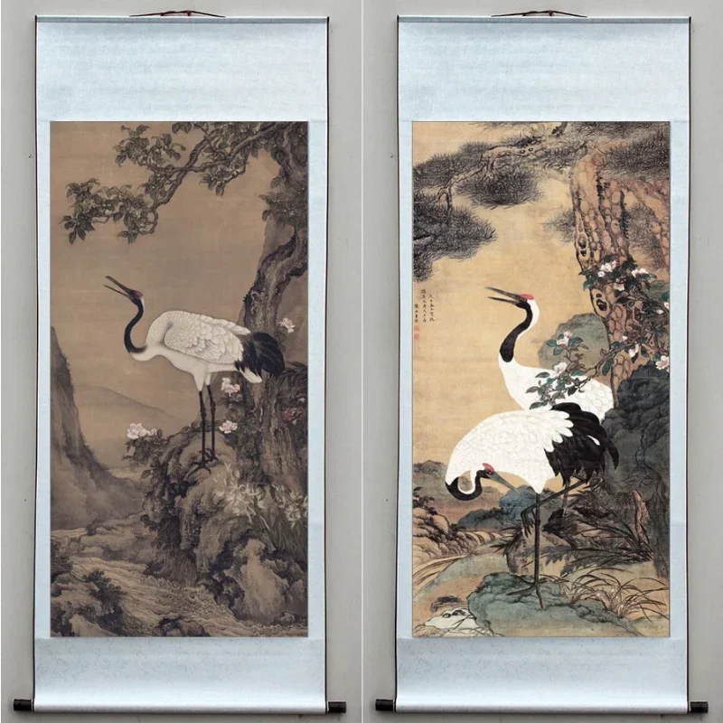 White Crane Chinese Painting Finished Scroll Calligraphy Painting Living Room Decor Birthday Celebration Picture Anime Poster