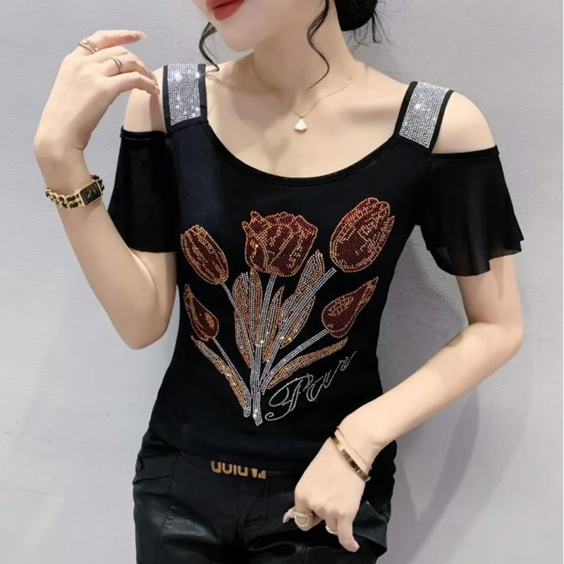 #8110 Black Blue Off Shoulder T Shirt Women Diamonds Flower Sexy Short T Shirt Female Short Sleeve Womens Tee Shirts Summer Top