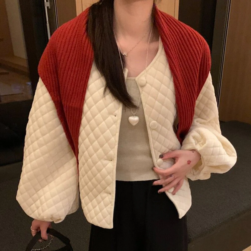 

Shawl-free 2025 Winter Simple Commuter Silk Cotton Short Jacket Bud Sleeve Plaid Velvet Bud Sleeve Plaid Cotton Clothing