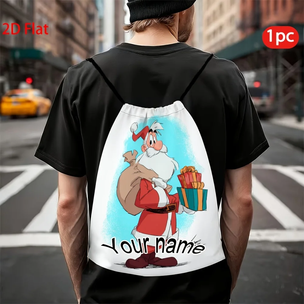1Pc Christmas Custom Name/Text and Photo Drawstring Closure Backpack, Santa Claus Design Gift Storage Pouch,Xmas Party Candy Bag