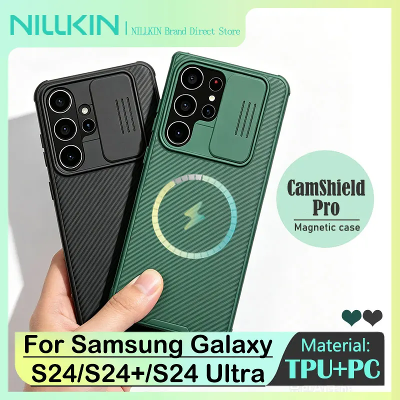 NILLKIN Funda magnética para Samsung Galaxy S24/S24+/S24 Ultra, cubierta de cámara deslizante Privacidad, 4 airbags de esquina a prueba de golpes, PC + TPU