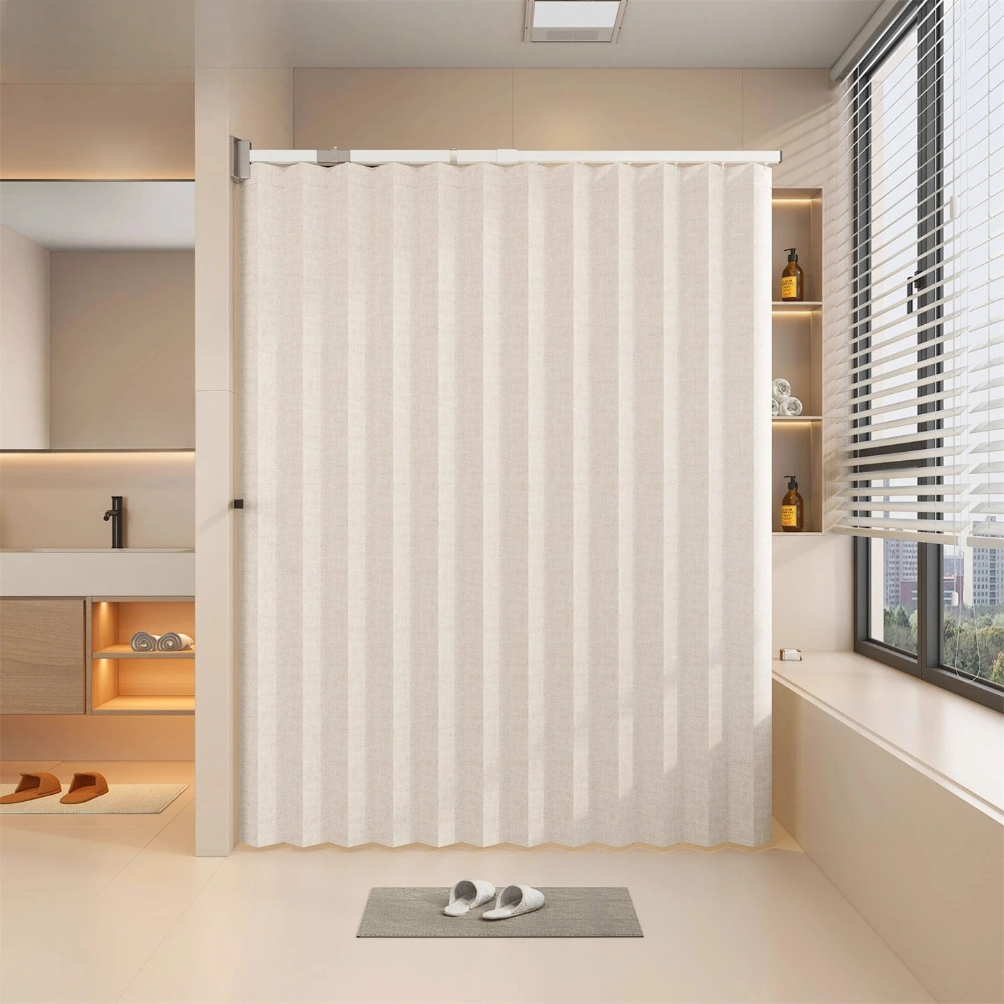 Invisible folding shower curtain single wall fixed  dry and wet separation bath room waterproof shielding push-pull curtain