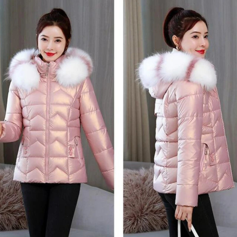 2023 neue Winter kurze Parkas Frauen lose glänzende Mantel Pelz kragen Daunen Baumwoll jacke weibliche Parka Kapuze warme Freizeit Outwear