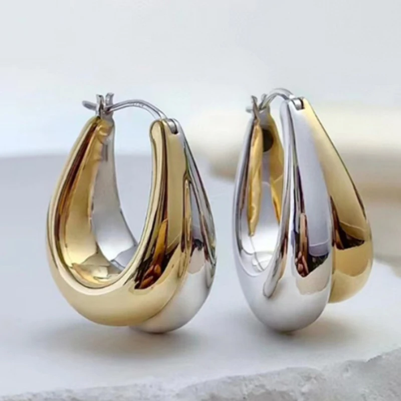 Fashion Chunky French Hoop Earrings For Woman Classic Two Tone Circle Earrings Wedding Banquet Temperament Jewelry
