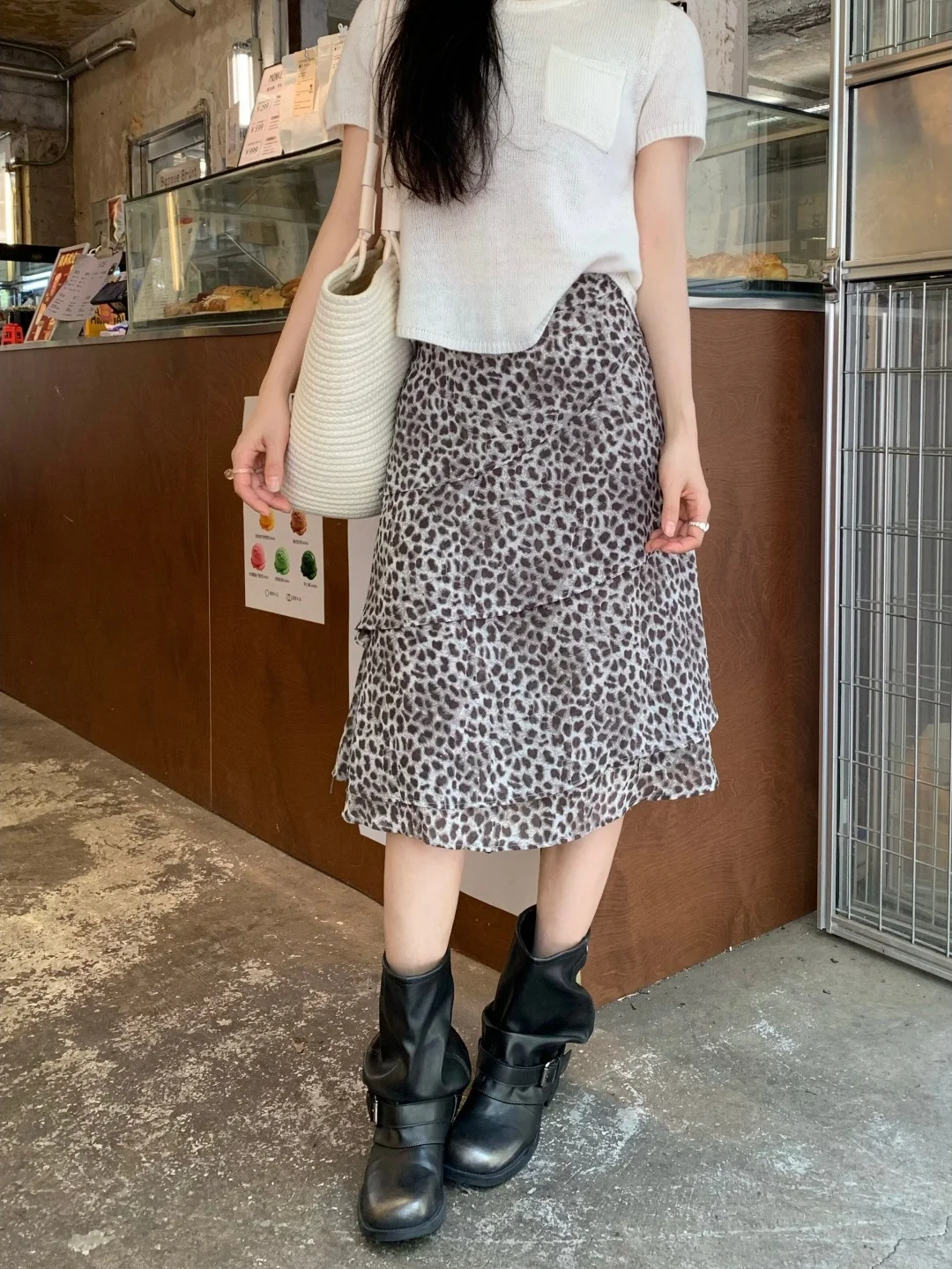 Retro Asymmetrical Lace Hem Leopard Print Midi Skirt Women's Summer 2026 New Style Chiffon Mesh Cake Half-length Skirt