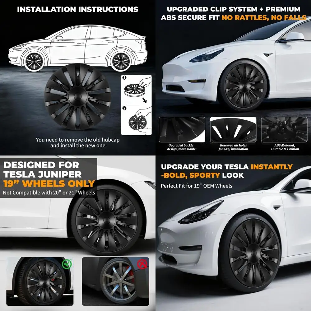 

19-дюймовые чехлы на колеса для Tesla Model Y 2020-2024, 4 шт., матовые черные колпаки из АБС-пластика с защитными дисками, совместимые с 2020-2024 Mo