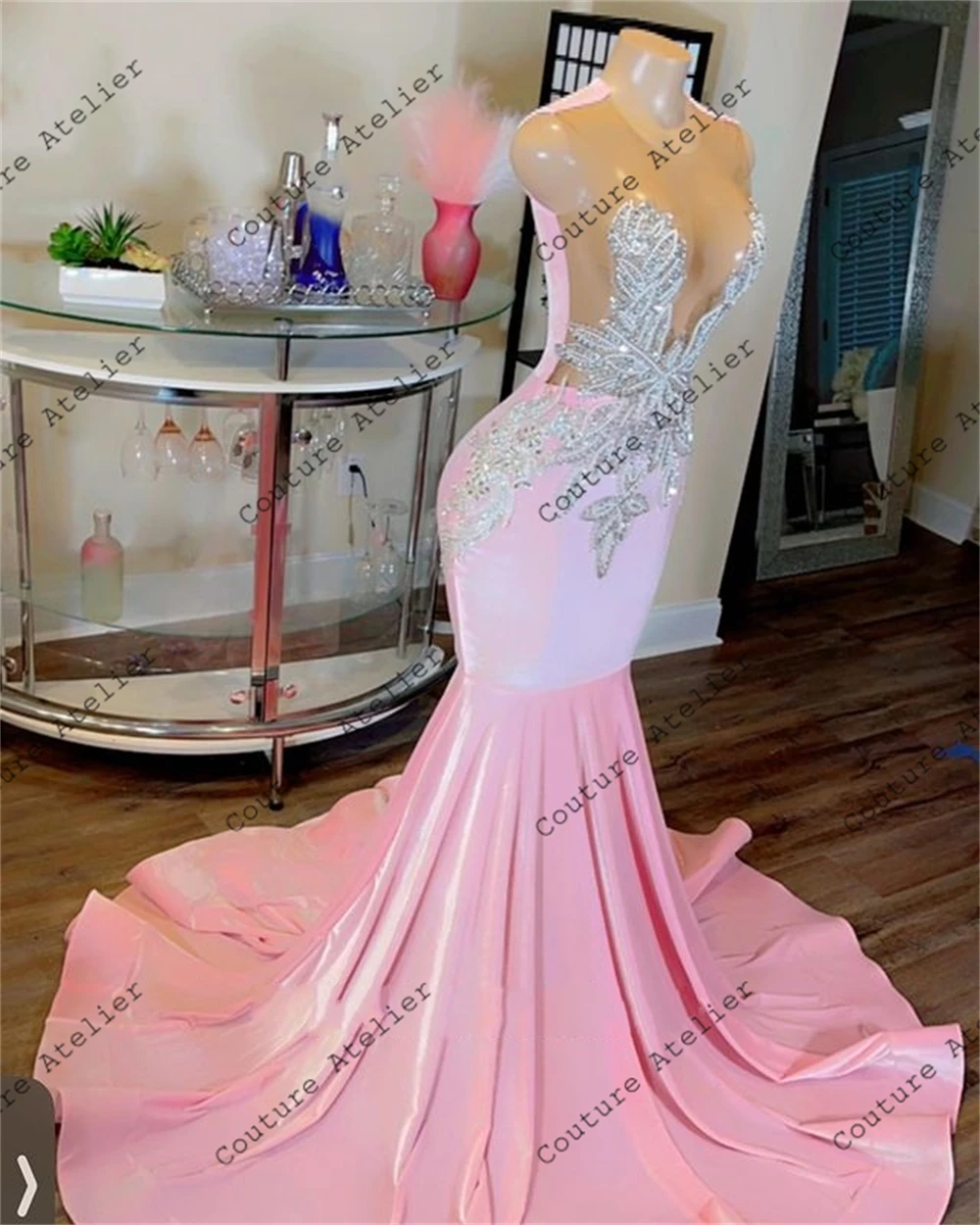 Silver Beaded Pink Prom Dresses For Black Girls Mermaid Dress Party Evening Elegant Luxury Celebrity Formal Gowns O Neck robe