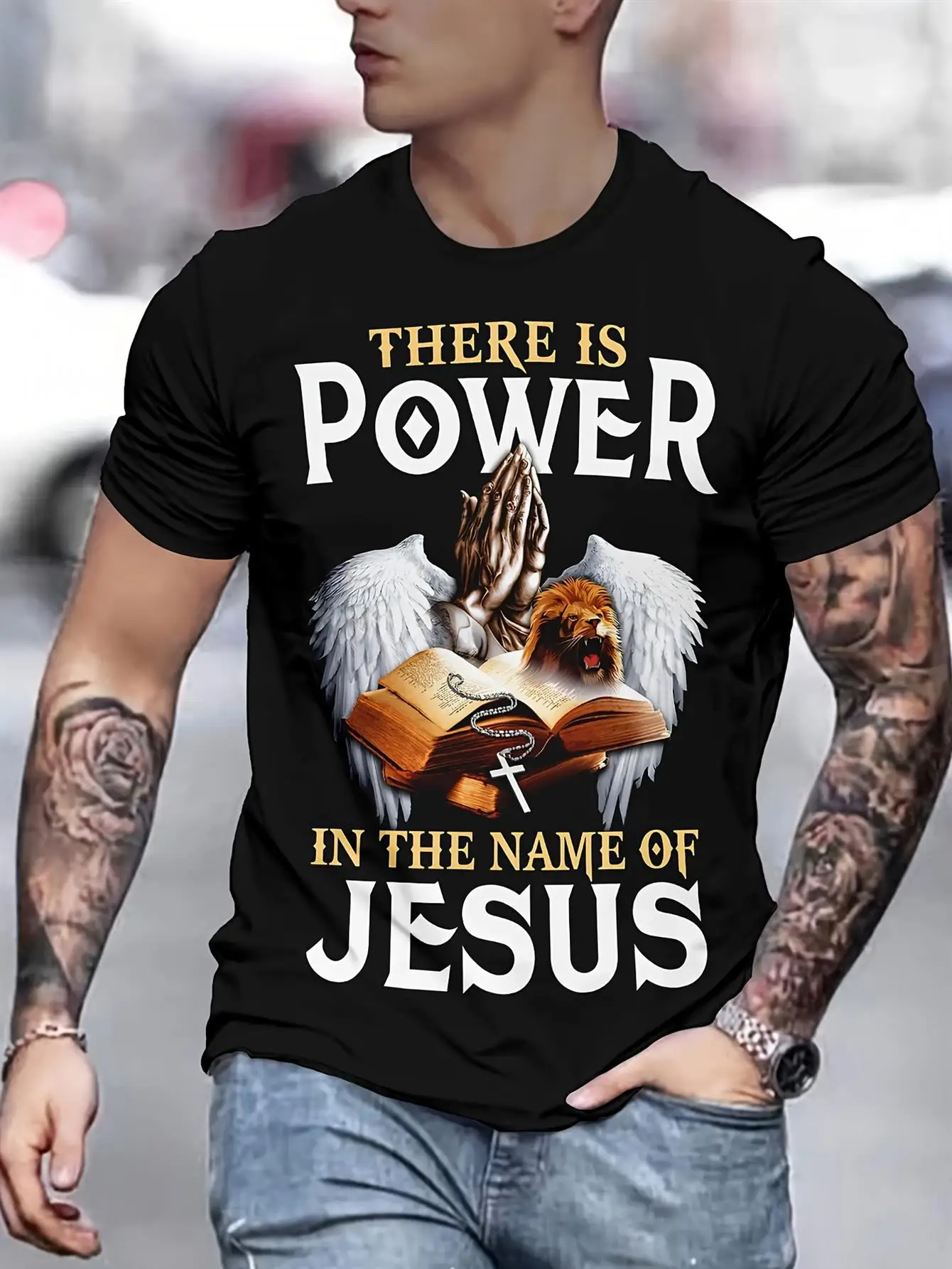 Men's Christian Faith T-Shirt - Power in Religious Pattern T-Shirts - Black Shirt, White Lettering - Lightweight, Breathable Fabric, Suitable for Church, Casual Wear - Comfortable Fit for All Seasons - Men's Spiritual Apparel