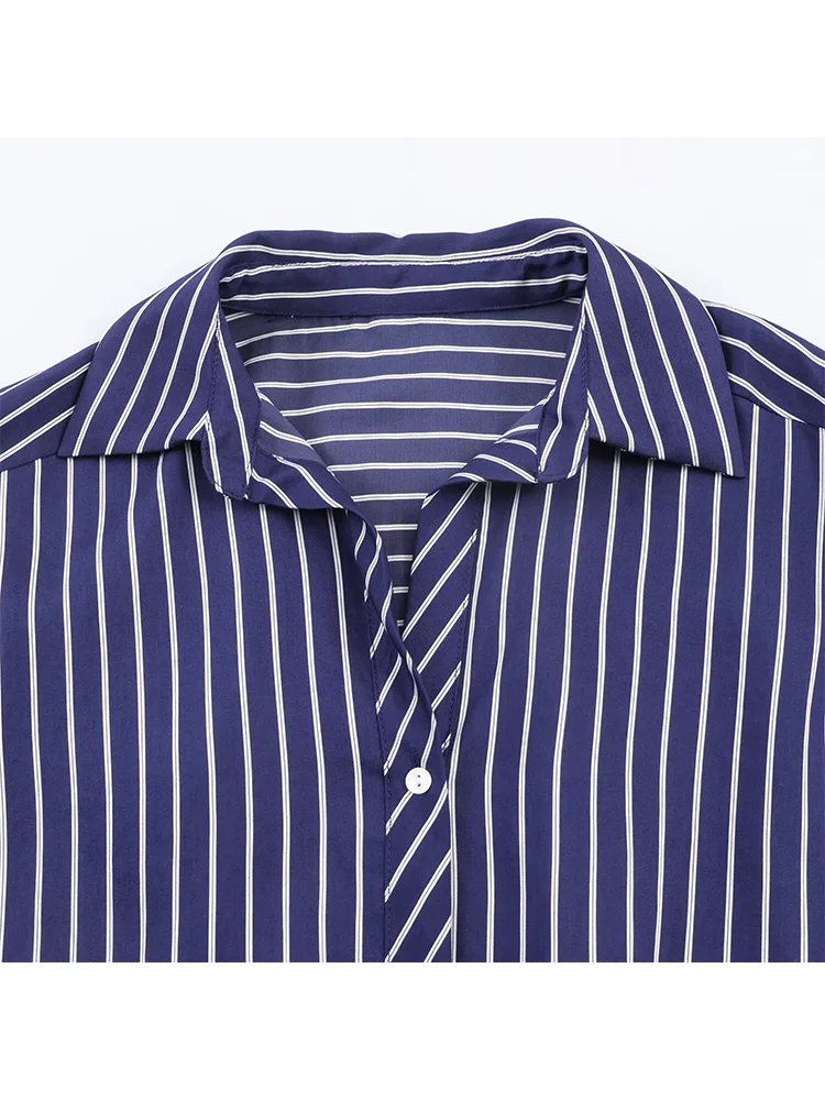 

HH Women Spring Elegant Single Breasted Bubble Sleeve Turn-down Collar Shirt Female Casual Loose Versatile Striped Poplin Blouse