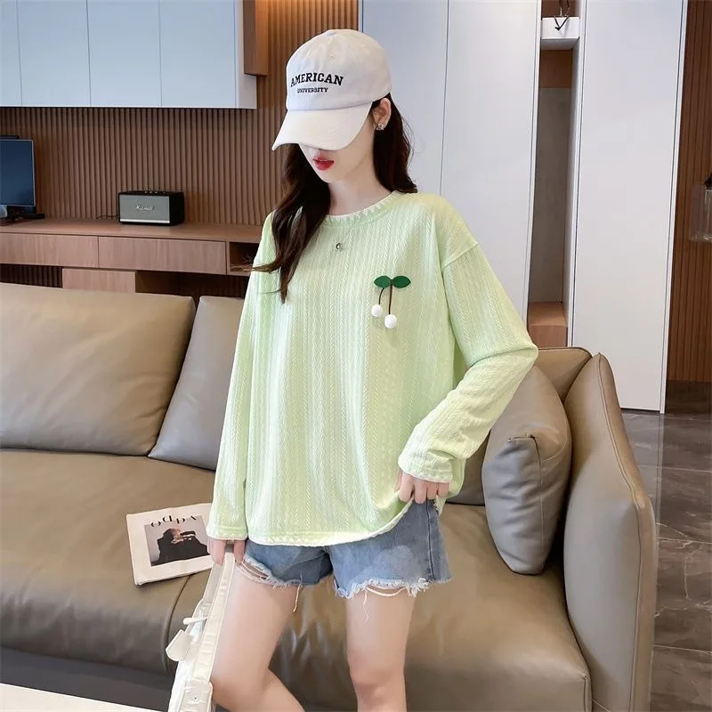 

Топ в иностранном стиле с кружевным воротником, свободная женская футболка в корейском стиле с круглым вырезом и длинными рукавами