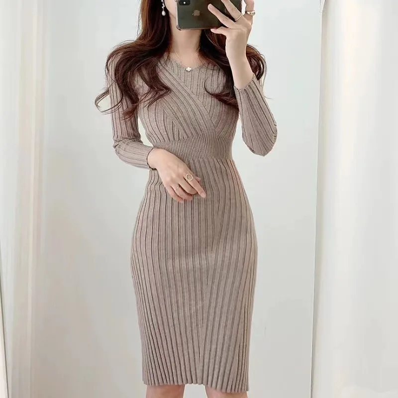 

Vintage Long Sleeve Knitted Dresses for Women Party Robe Female Autumn 2024 Retro V-neck Bodycon Dress Korean Slim Waist Vestido