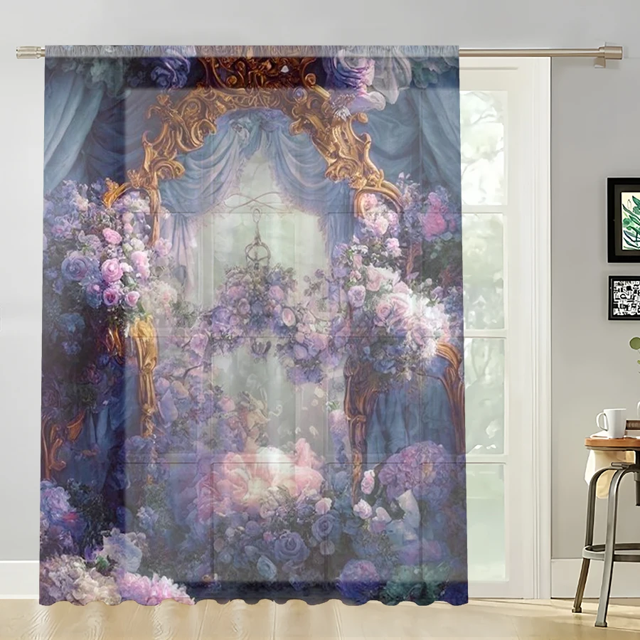 

1 шт. фиолетовая занавеска с принтом виноградной лозы, в стиле французского дворца, для спальни и гостиной, прозрачная занавеска с карманами для крепления