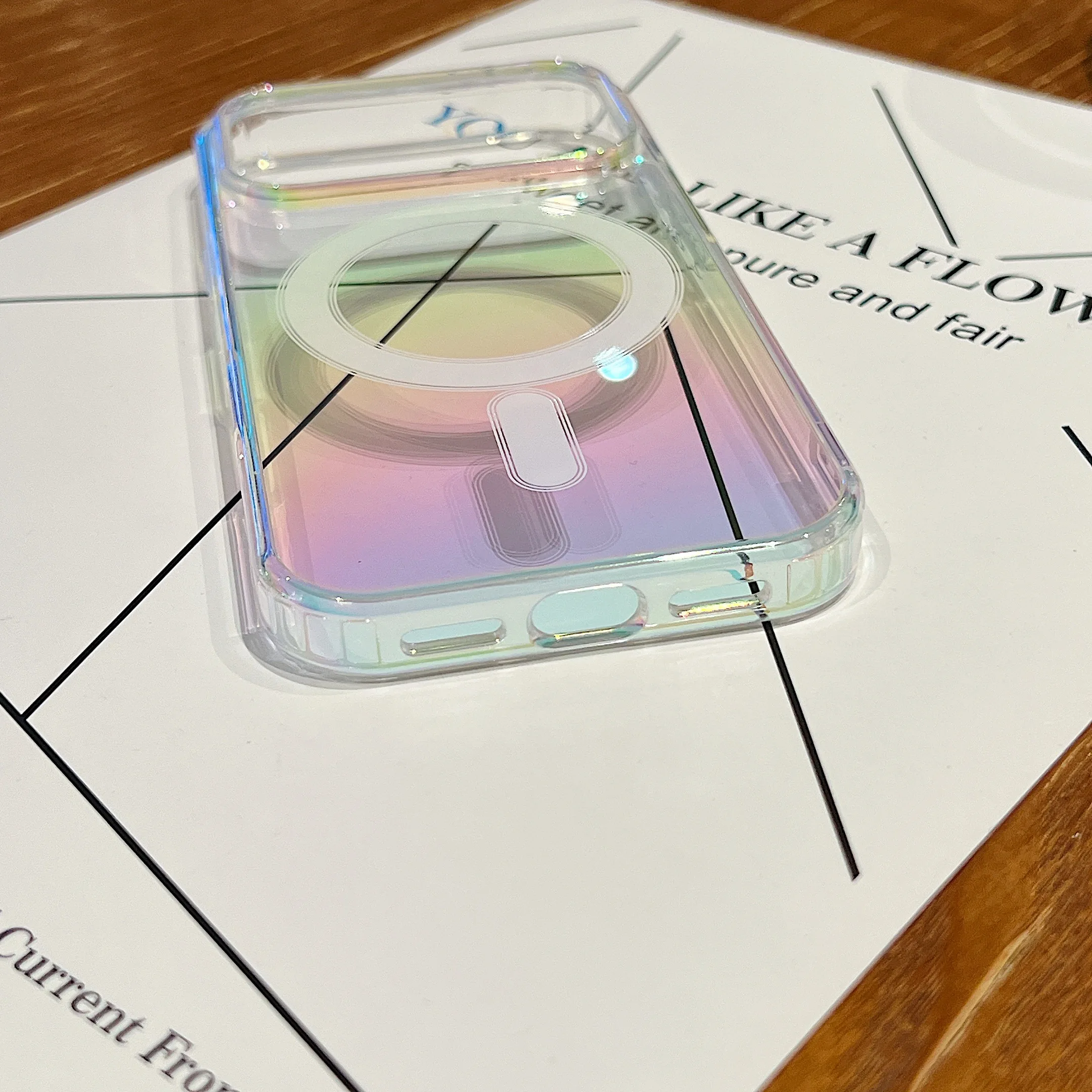 حافظة لهاتف Magsafe بألوان قوس قزح مغناطيسية ملونة لهاتف iPhone 17 Air 16E 16 15 14 13 12 11 Pro Max Plus غطاء شفاف متدرج بالليزر